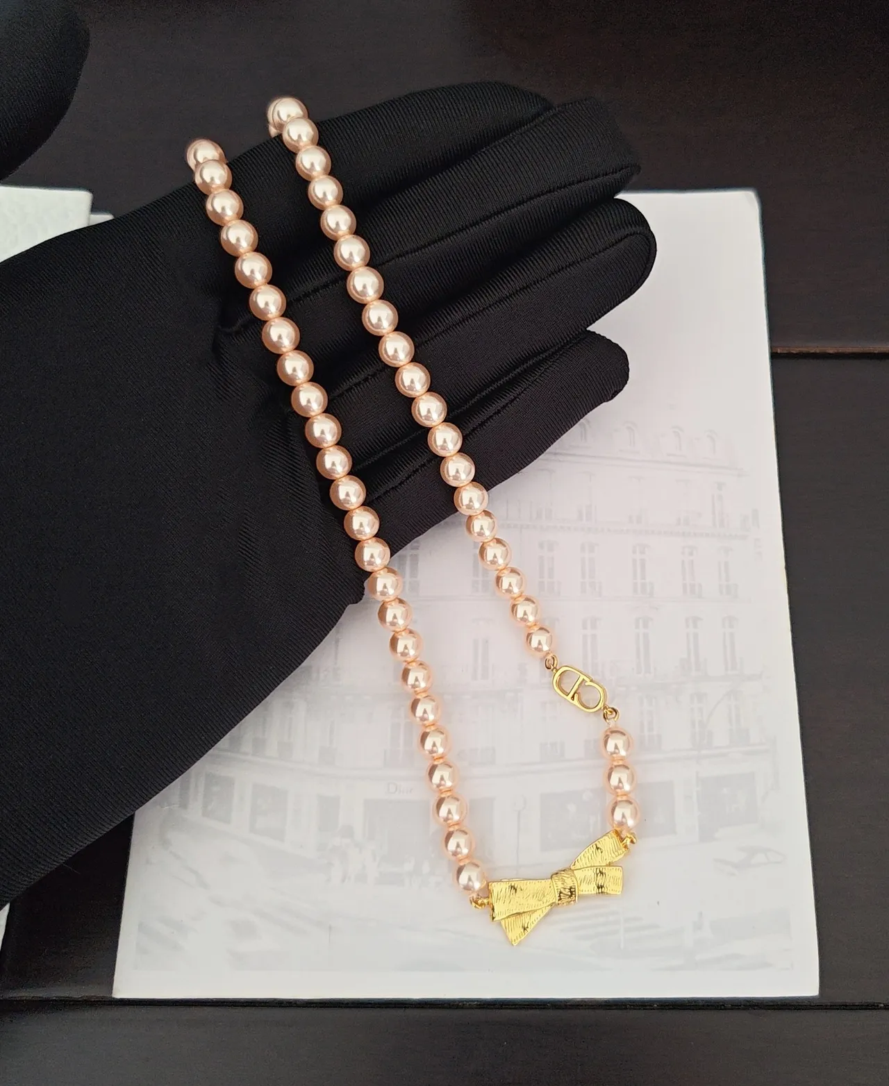 Dior Pink Gold Pearl Strand Bow Pendant Necklace 3