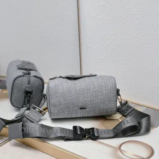 Dior Saddle Gray Black Cylindrical Barrel Silhouette Monogram Jacquard Fabric Saddle Bag