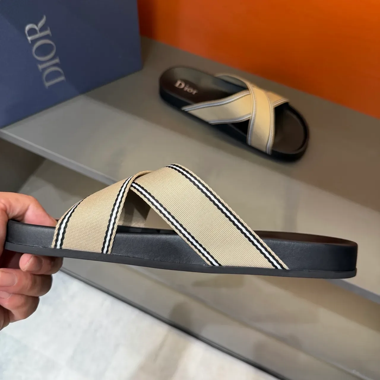 Dior Slide Beige and Black Logo-Print Woven Strap Slippers 2