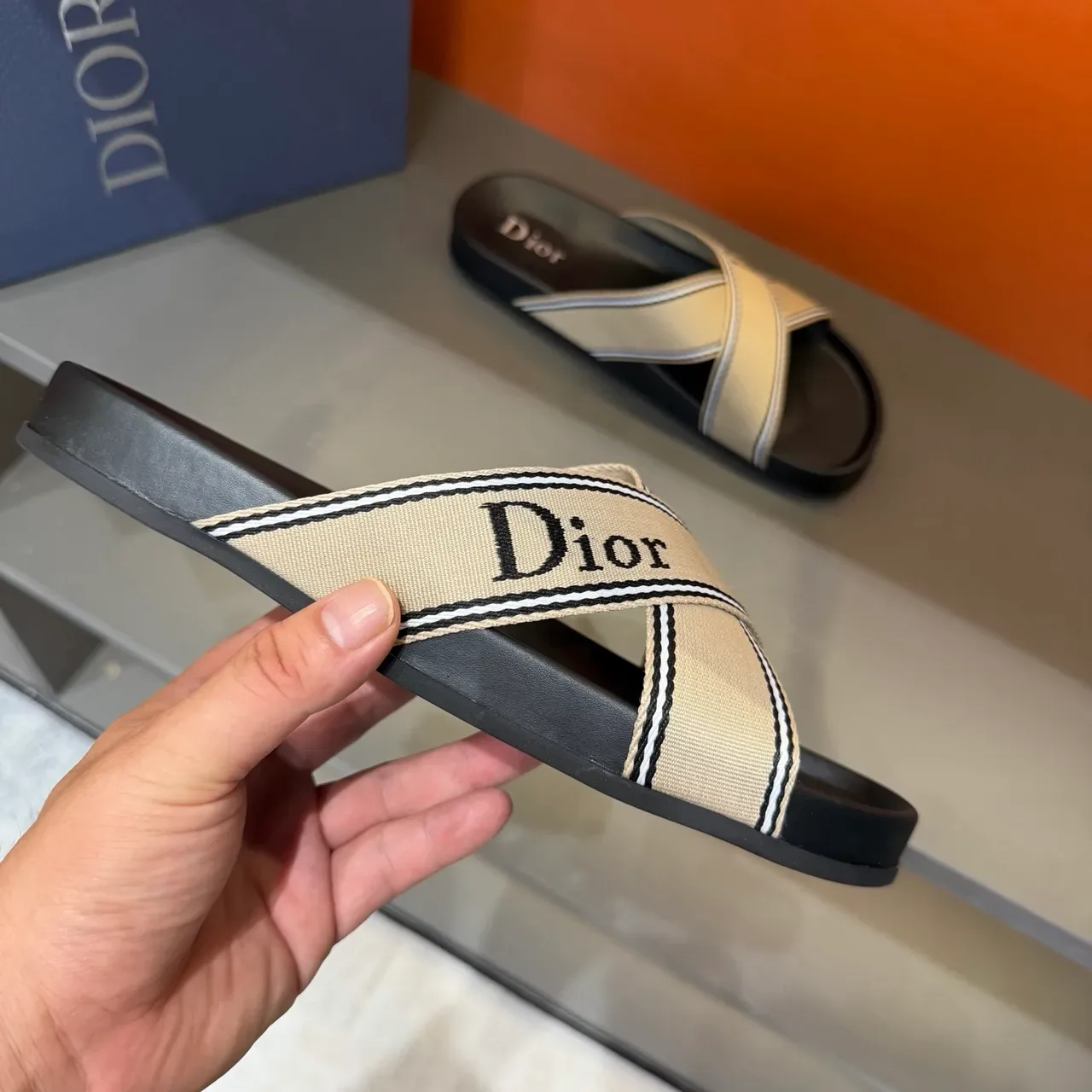 Dior Slide Beige and Black Logo-Print Woven Strap Slippers 3