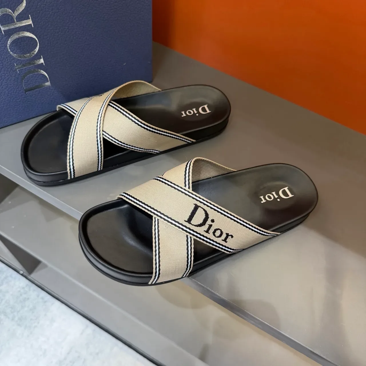 Dior Slide Beige and Black Logo-Print Woven Strap Slippers 4