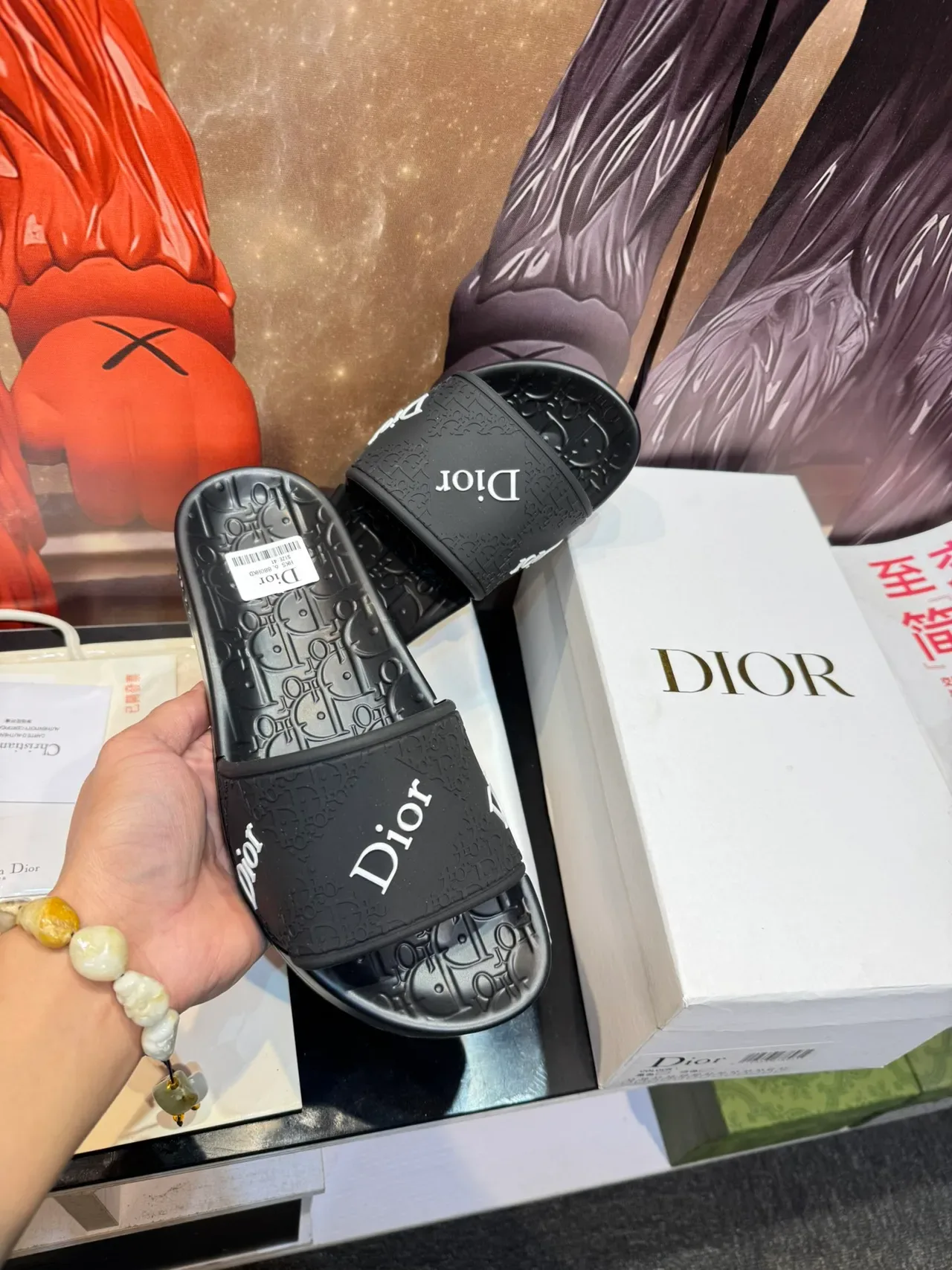 Dior Slide Black Multicolor Molded Rubber Sole Embossed Oblique Monogram Slippers 9