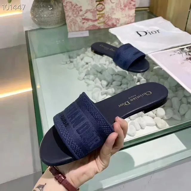 Dior Slide Navy Woven Strap Embossed Branding Slippers 3