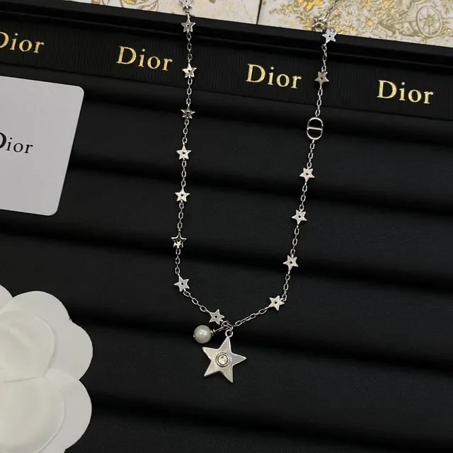 Dior Star Silver White Chain Pearl Accent Necklace 5