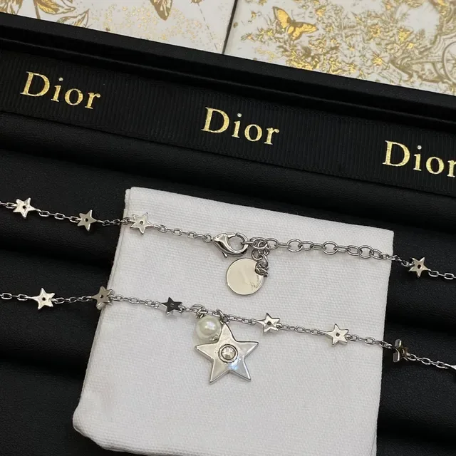 Dior Star Silver White Chain Pearl Accent Necklace 6