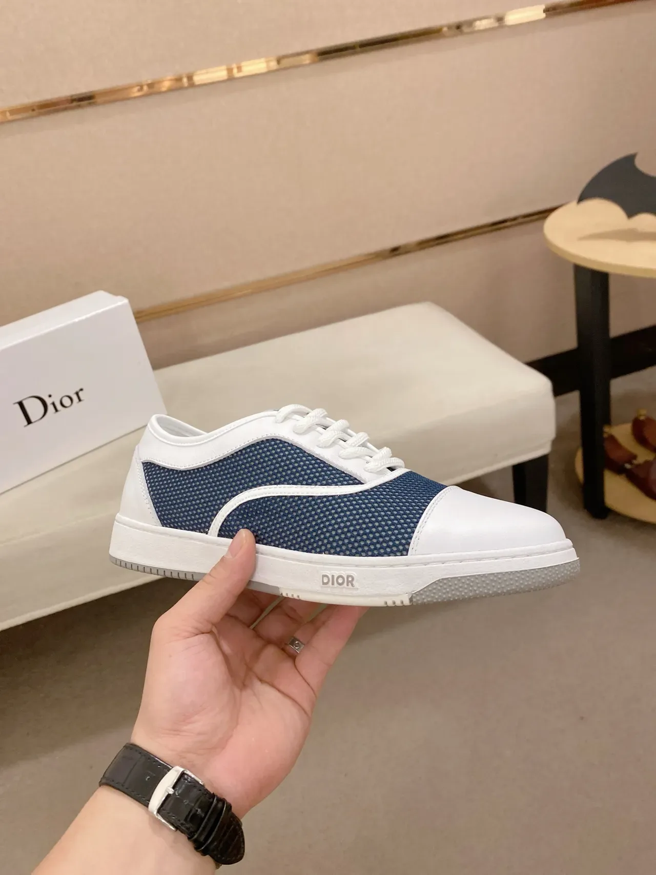 Dior White and Navy Mesh-Panelled Low-Top Sneaker 4