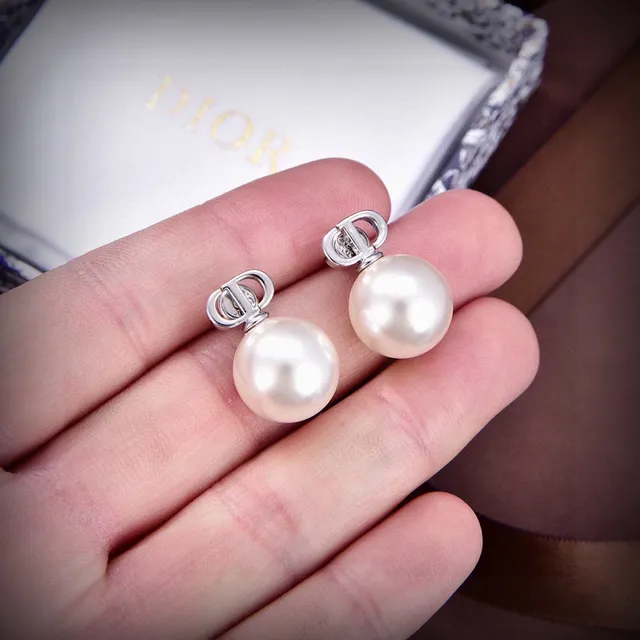 Dior White Gold Round Freshwater Pearls Silver-Tone Metal Earrings 2