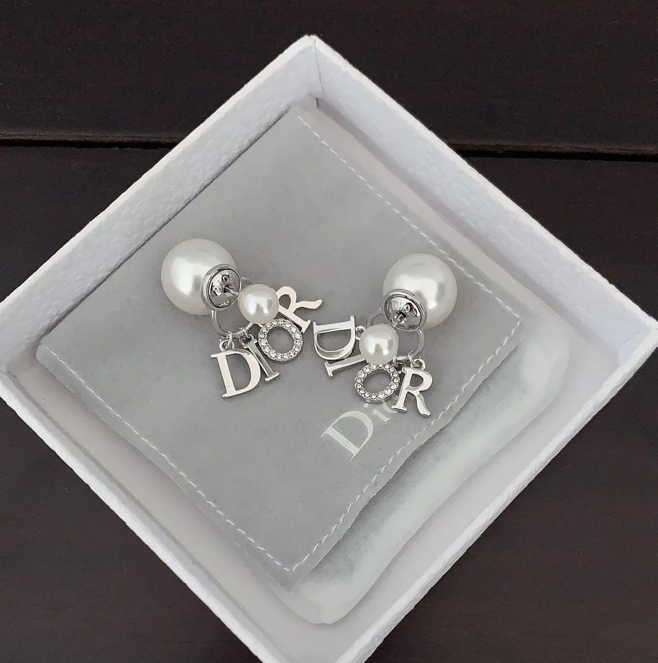 Dior White Silver Pearl Drop Logo Charm Earrings 2