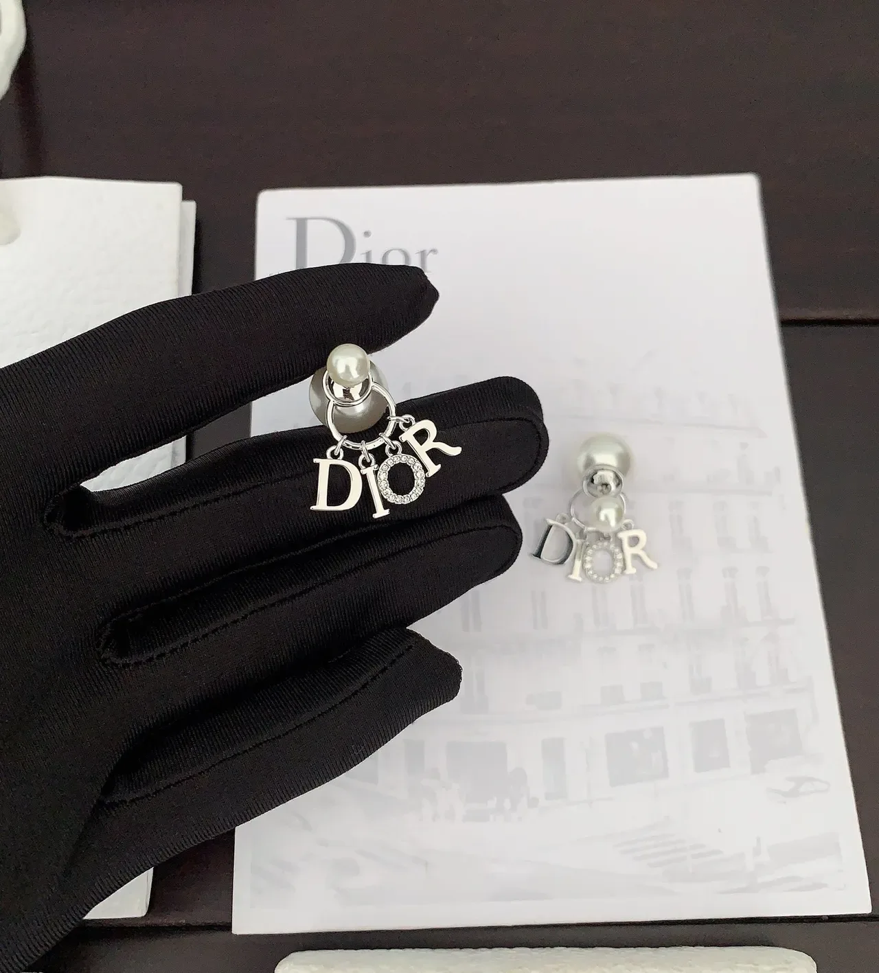 Dior White Silver Pearl Drop Logo Charm Earrings 4