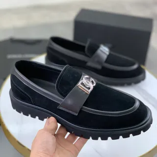Dolce & Gabbana DG Loafer Black Suede Leather Strap Lug Sole Loafers