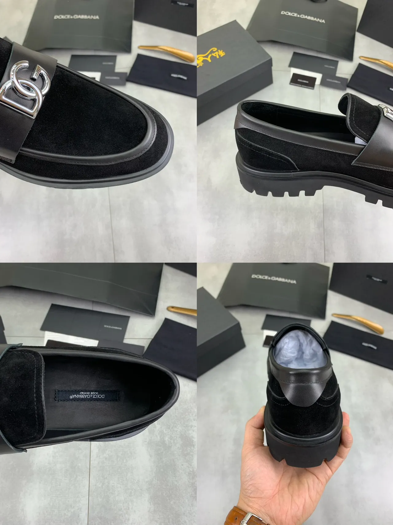 Dolce & Gabbana DG Loafer أحذية جلد سويد أسود حزام سولة لوغ 2