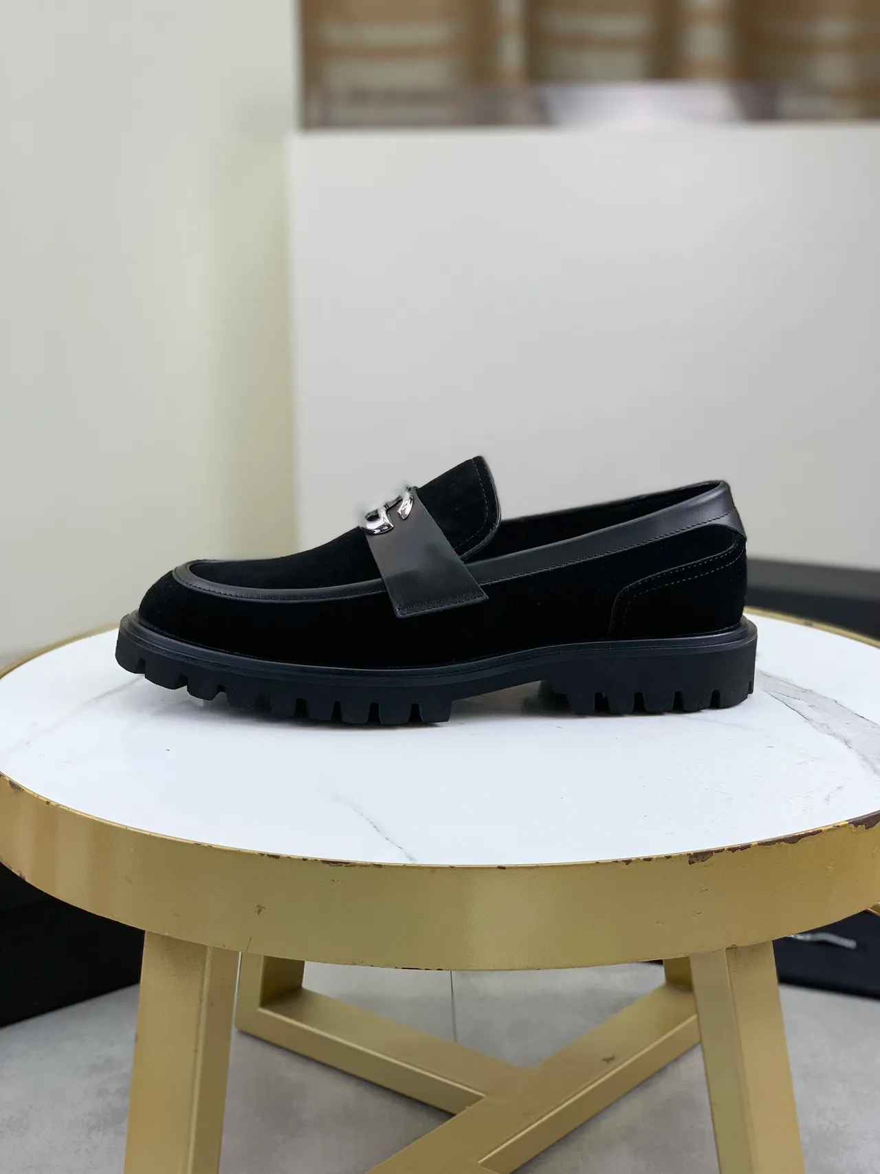 Dolce & Gabbana DG Loafer أحذية جلد سويد أسود حزام سولة لوغ 6