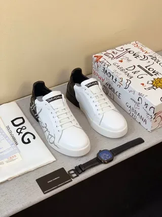 Dolce & Gabbana Portofino Blanc Noir Cuir Supérieur Contrefort Talon Chaussures Lifestyle 6