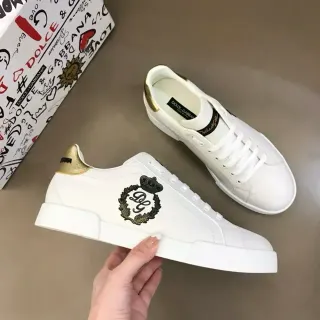 Dolce & Gabbana ذهب أبيض جلد علوي ملصق كعب معدني حذاء نمط حياة