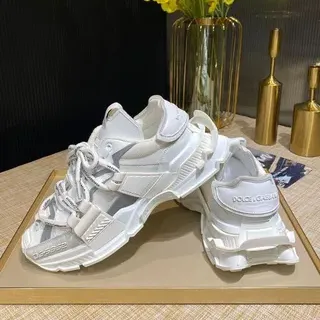 Dolce & Gabbana White Gray Multi-Strap Hybrid Closure Sculpted Layered Midsole Chunky Sneakers