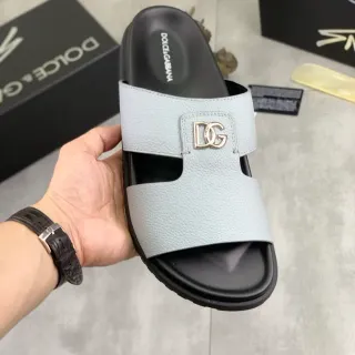 Dolce & Gabbana 灰色皮革 DG Logo 滑拖鞋