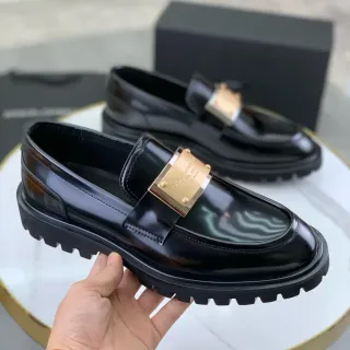 Dolce & Gabbana Portofino Black Gold Glossy Patent Leather Metal Plaque Strap Loafer