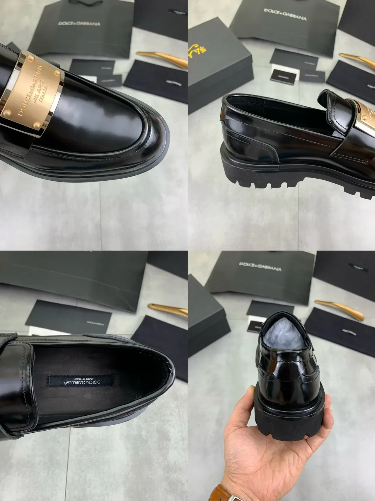 Dolce & Gabbana Portofino Noir Doré Brillant Cuir Patenté Sangle Métallique Plaque Loafer 2