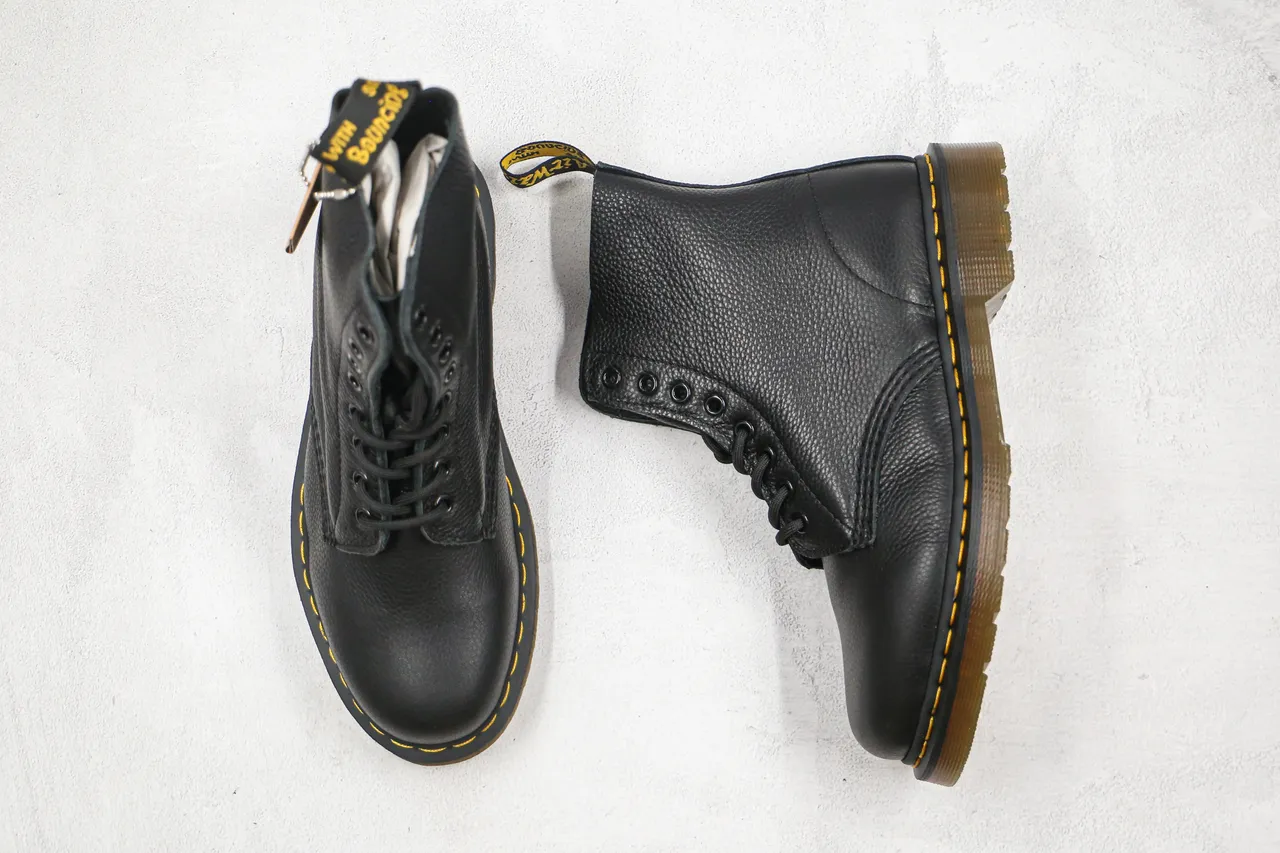 Dr. Martens 1460 Black Pebbled Leather Yellow Stitch Martin Boots 8