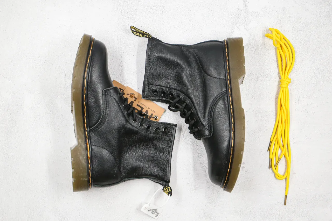 Dr. Martens 1460 Black Smooth Leather Yellow Welt Martin Boots 7