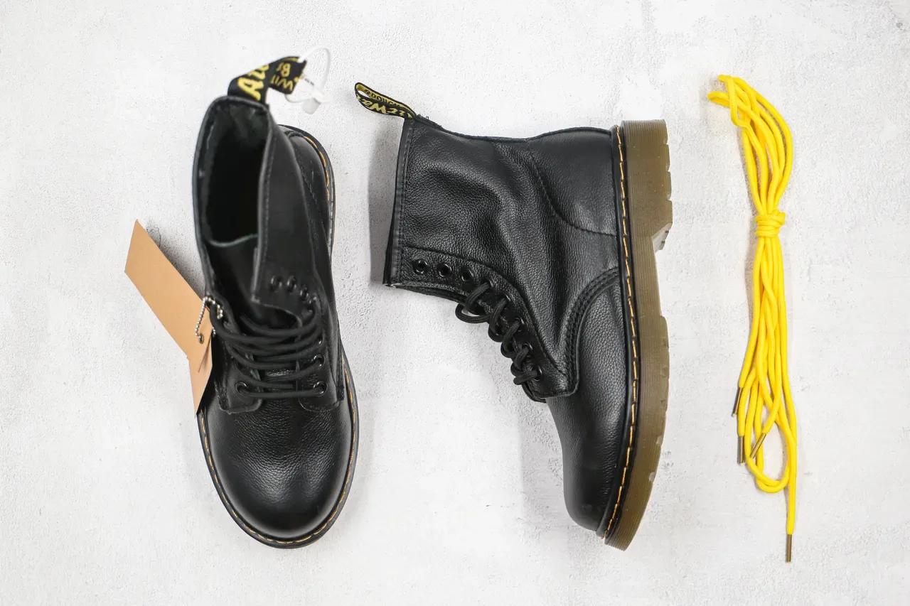 Dr. Martens 1460 Black Smooth Leather Yellow Welt Martin Boots 8