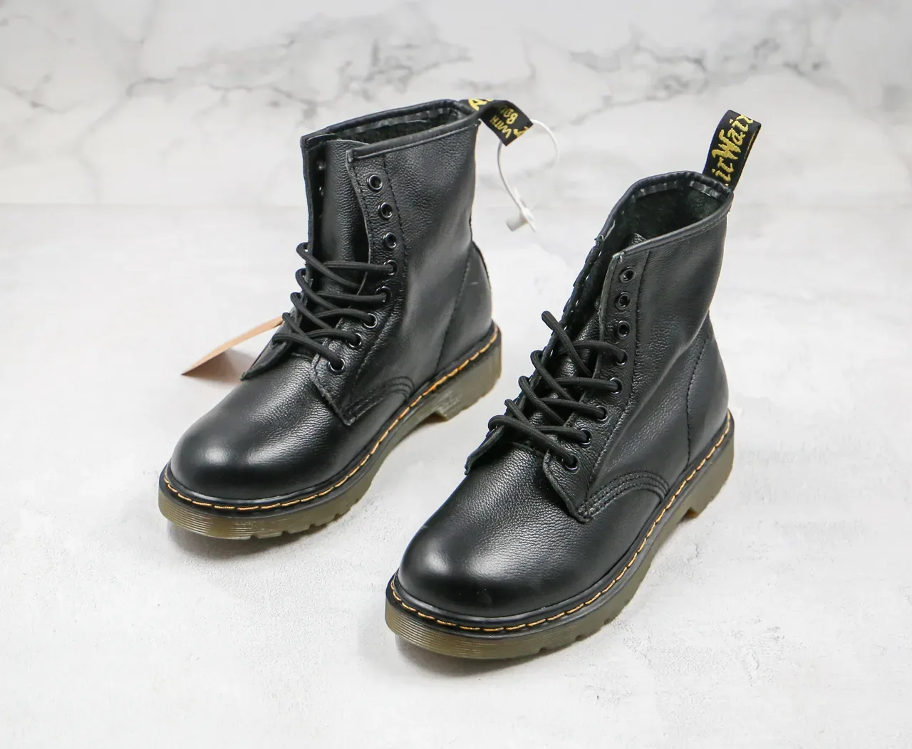 Dr. Martens 1460 Black Smooth Leather Yellow Welt Martin Boots 9