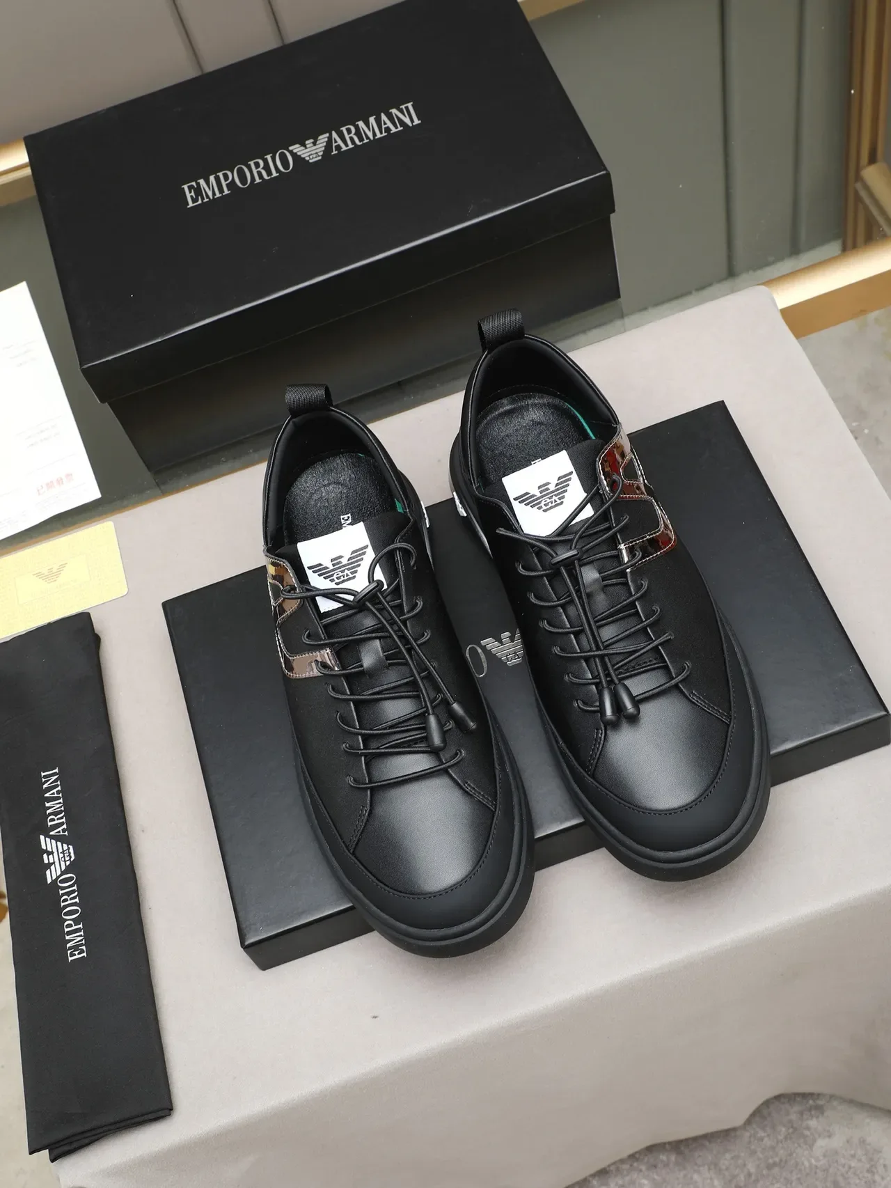 Emporio Armani Black Silver Leather Upper Metallic 'A' Overlay Sneakers 2