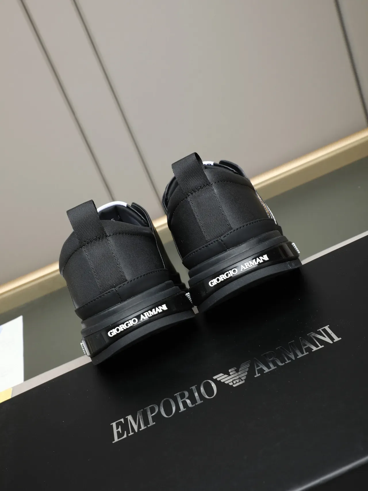 Emporio Armani Black Silver Leather Upper Metallic 'A' Overlay Sneakers 3