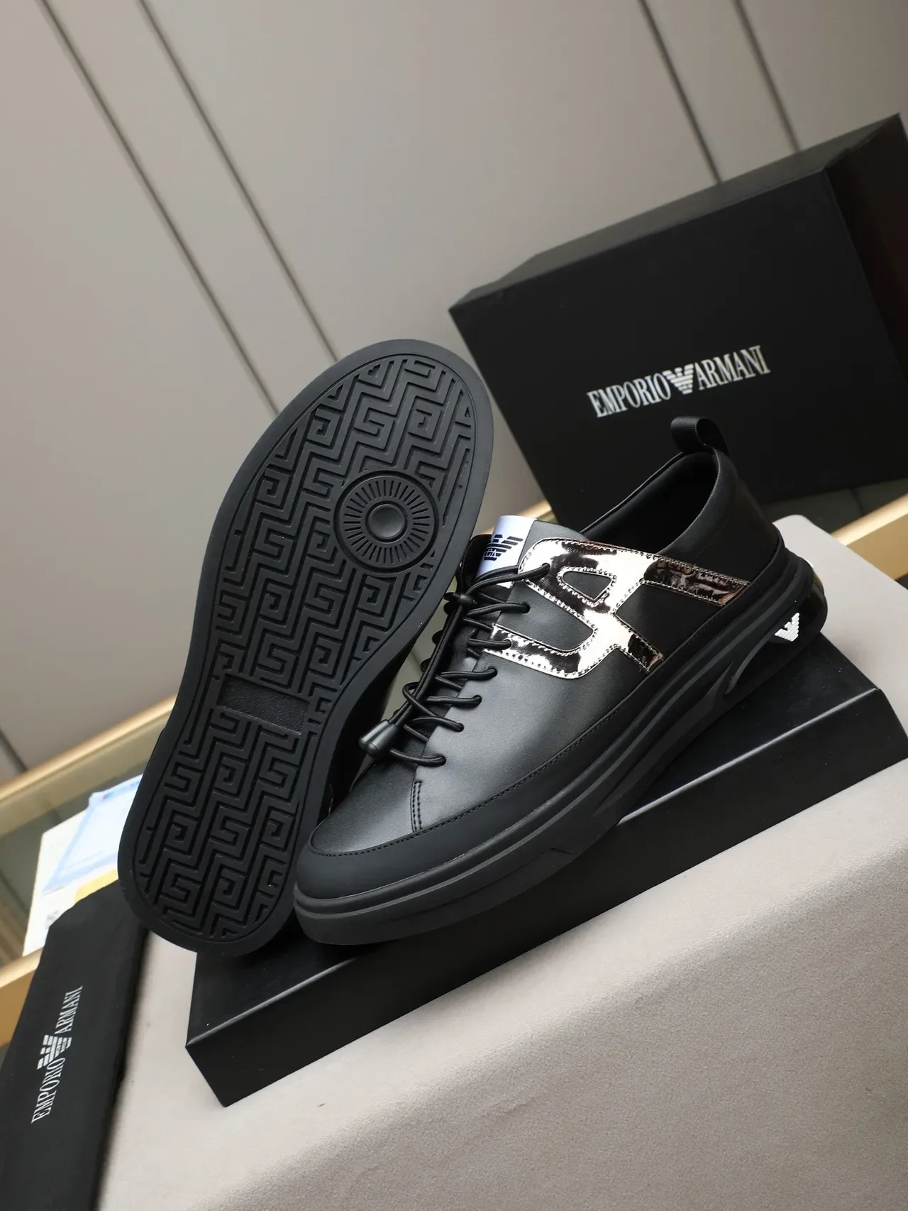 Emporio Armani Black Silver Leather Upper Metallic 'A' Overlay Sneakers 4