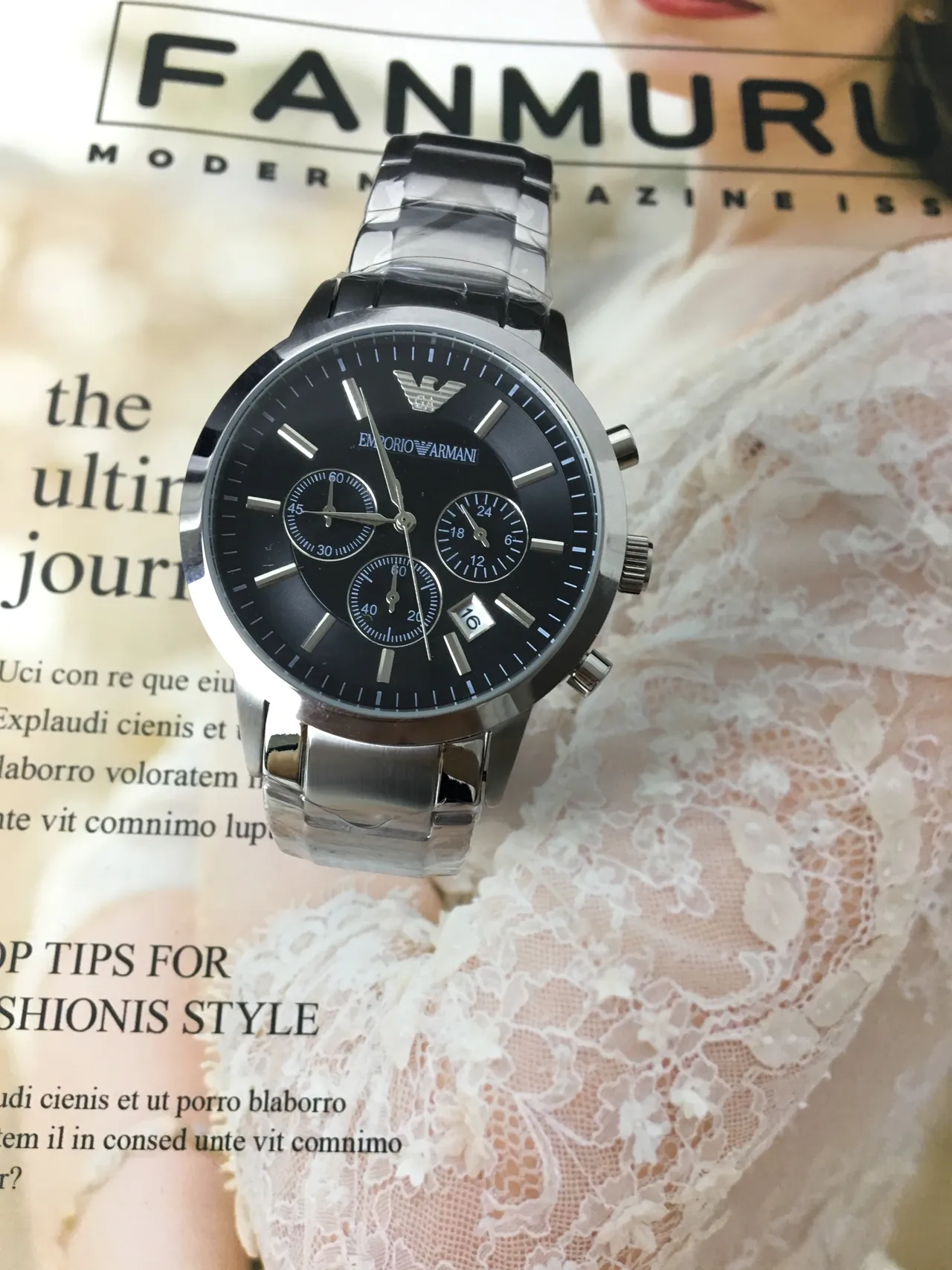 Emporio Armani Chronograph Black Dial Stainless Steel Mechanical Watch 8