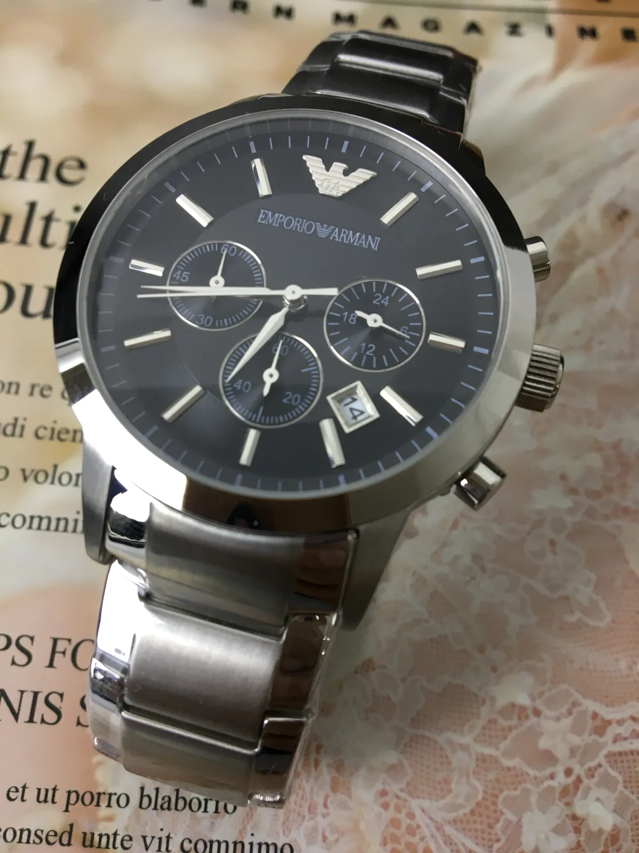 Emporio Armani Chronograph Black Dial Stainless Steel Mechanical Watch 12
