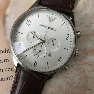 Emporio Armani Chronograph White Dial Brown Leather Strap Mechanical Watch