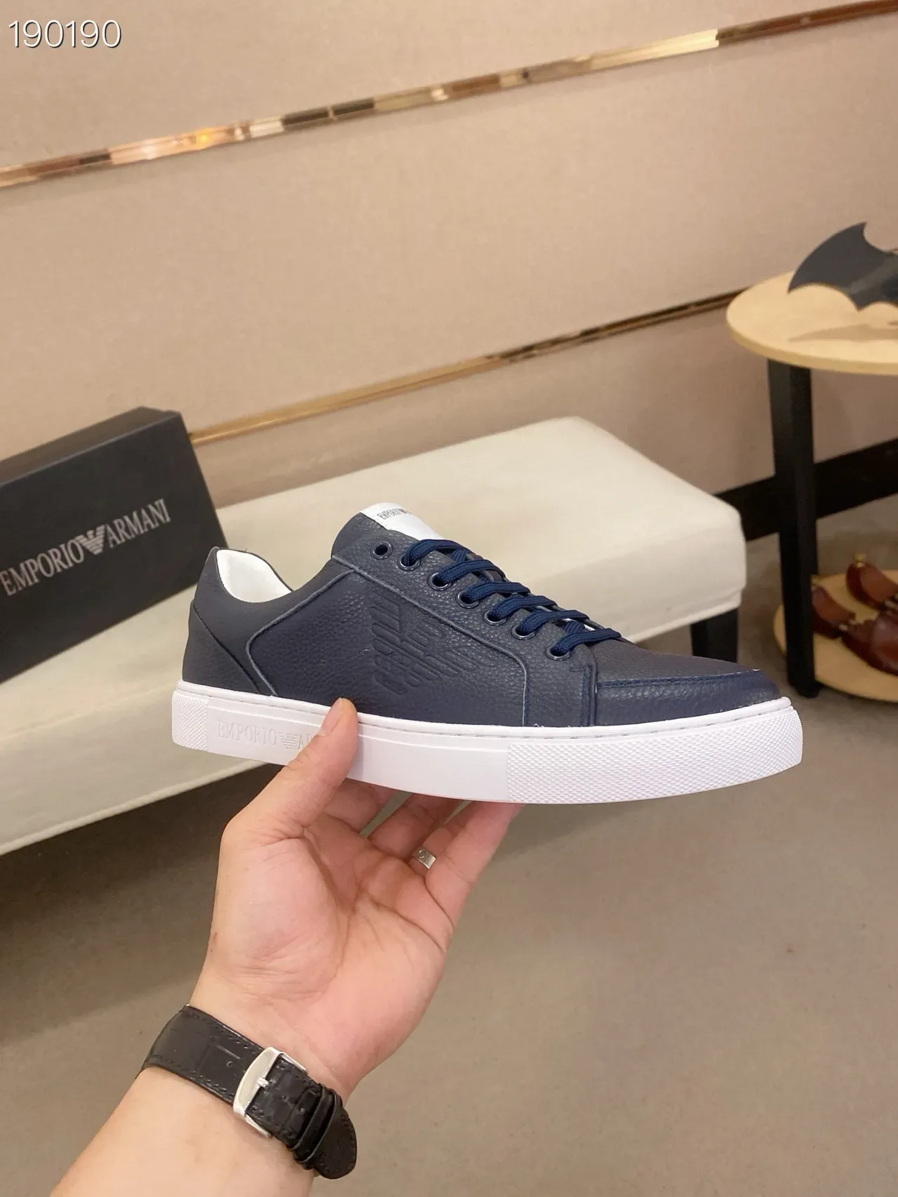 Emporio Armani Navy White Cuir Empeigne Gravé Logo Aigle Lifestyle Sneakers 8
