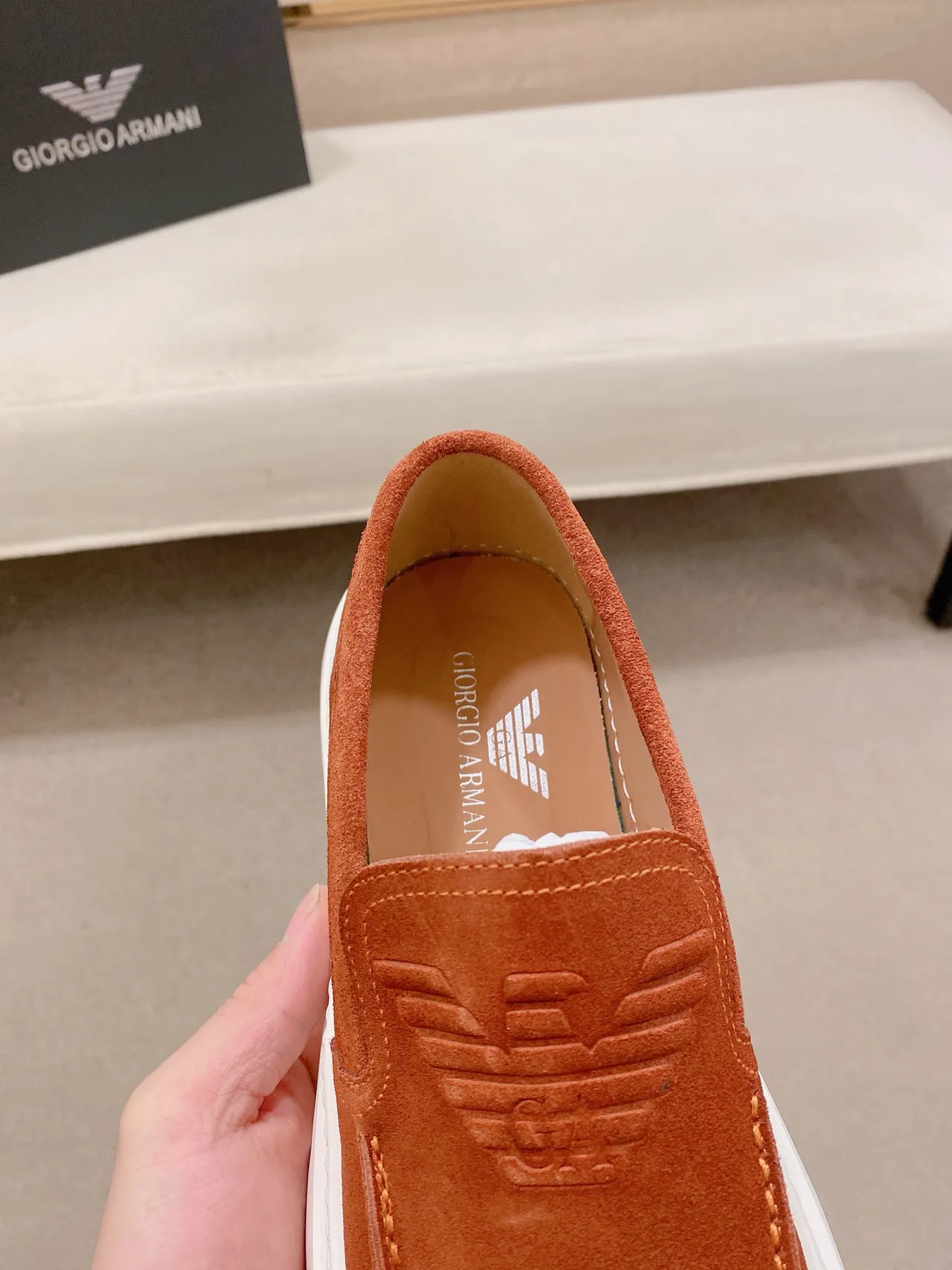 Emporio Armani Orange White Suede Upper Embossed Eagle Logo Loafer 4