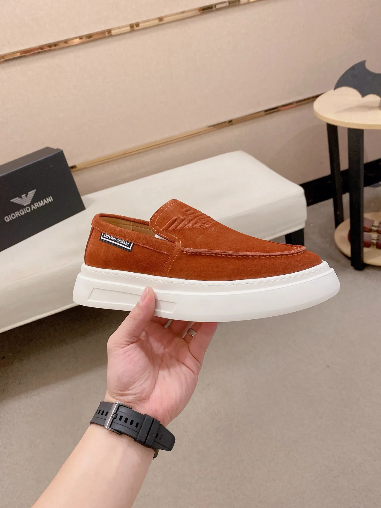 Emporio Armani Orange White Suede Upper Embossed Eagle Logo Loafer 5
