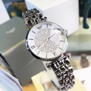 Emporio Armani Silver White Stainless Steel Crystal-Paved Dial Quartz Watch