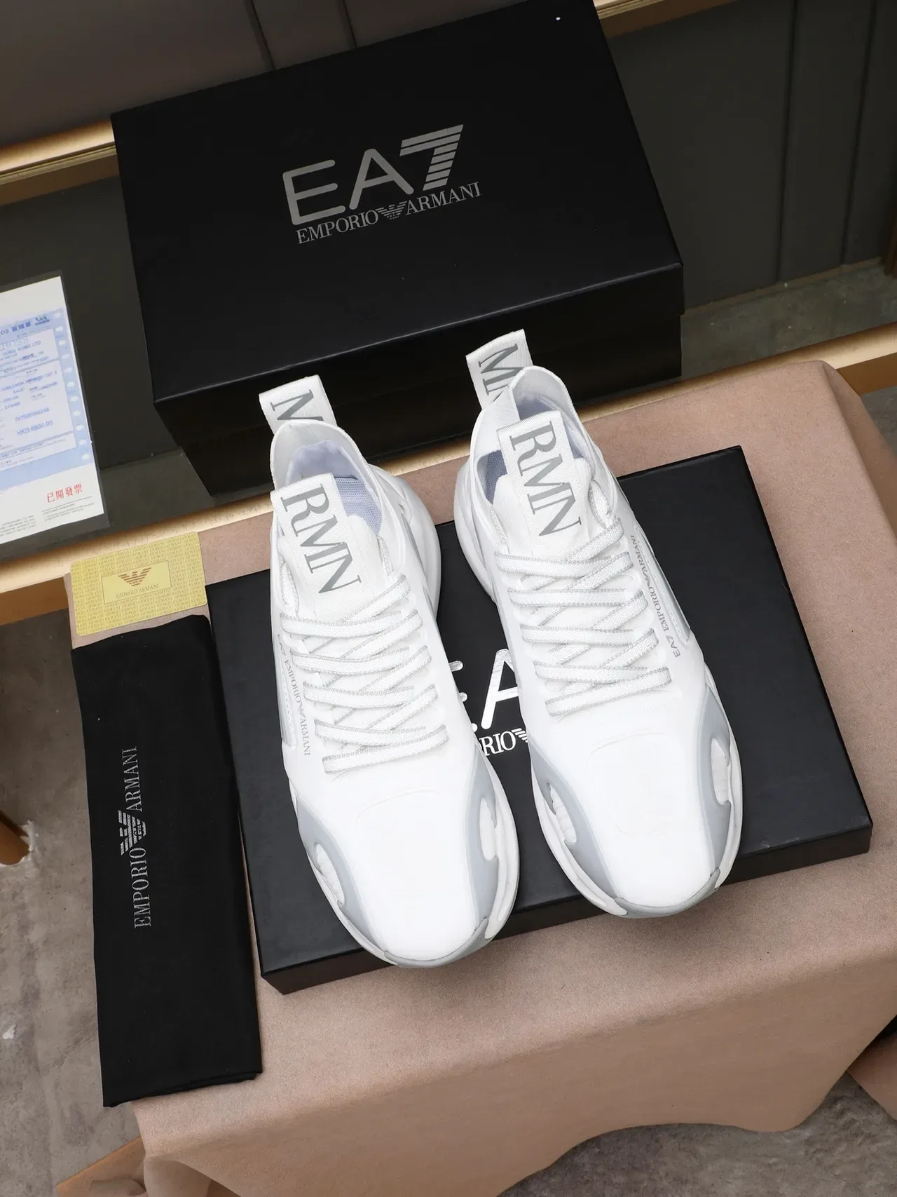 Emporio Armani White Gray Knit Upper Sculpted Wave Midsole Sneakers 2