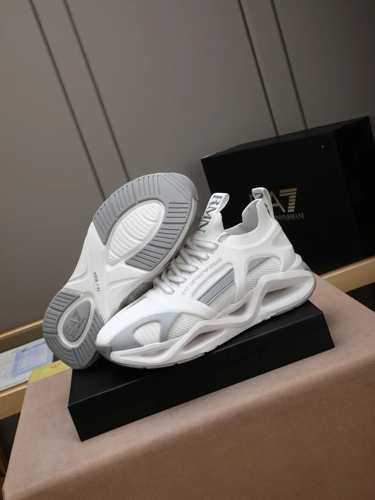 Emporio Armani White Gray Knit Upper Sculpted Wave Midsole Sneakers 4