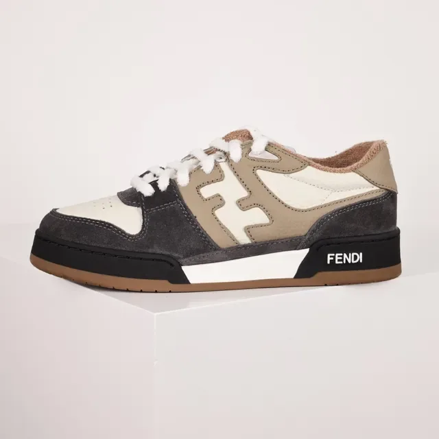 Fendi Bege Preto Camadas de Camurça e Couro Superior Oversized FF Logo Estilo de Vida Tênis 9