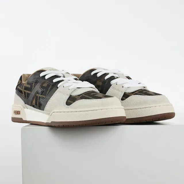Fendi Beige Brown Low-Top Suede And Monogram Textile Upper Sneakers 3