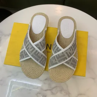 Fendi Beige Gray Cross-Strap Espadrille Sole Slippers