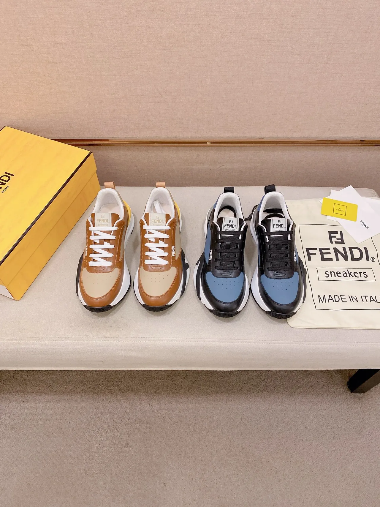 Fendi أسود أزرق كعب منحوت حذاء جلدي علوي سنيكرز كثيفة 2