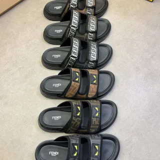Fendi Black Brown Double-Strap Slide FF Monogram Webbing Slippers