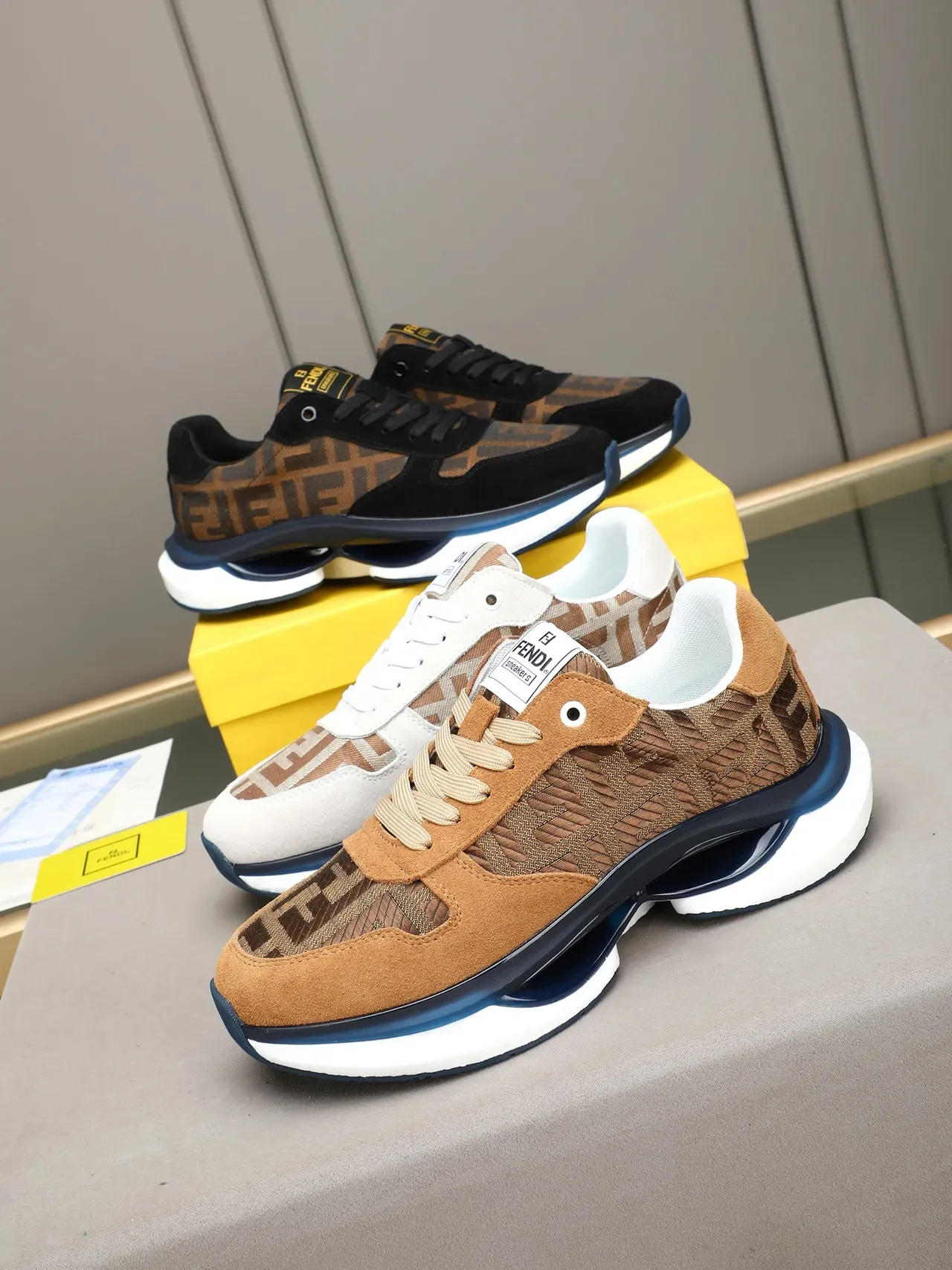 Fendi Black Brown FF Monogram Fabric Suede Overlays Lifestyle Sneakers 2