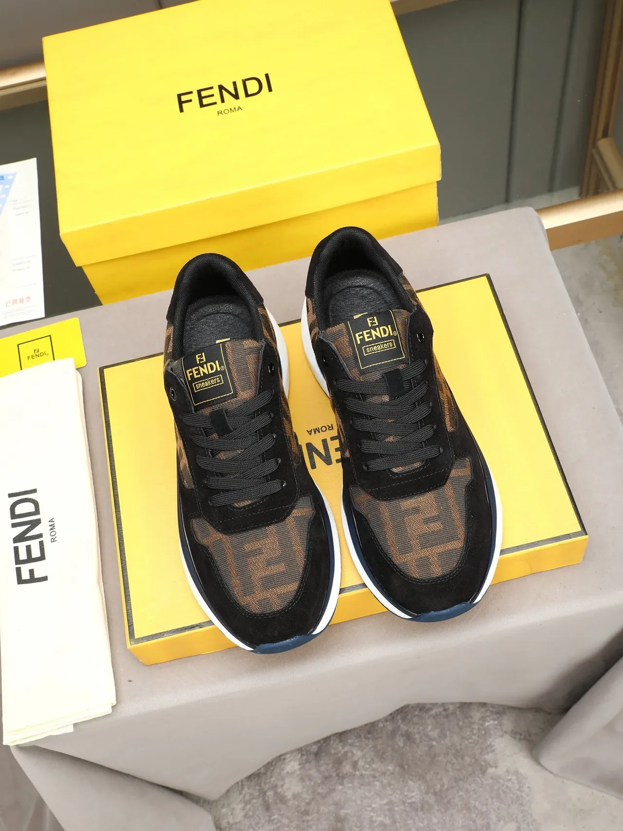 Fendi Black Brown FF Monogram Fabric Suede Overlays Lifestyle Sneakers 3