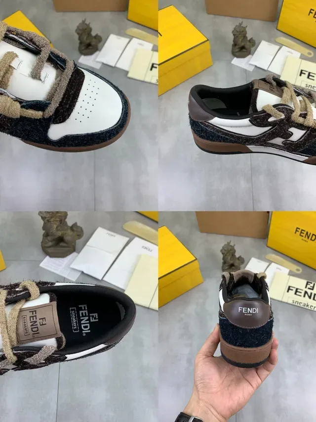 Fendi Sneakers lifestyle avec panels de cuir blanc et upper texturé noir et marron 3