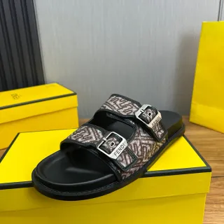 Fendi Brown Black Double-Buckle Closure Monogrammed Fabric Straps Slippers