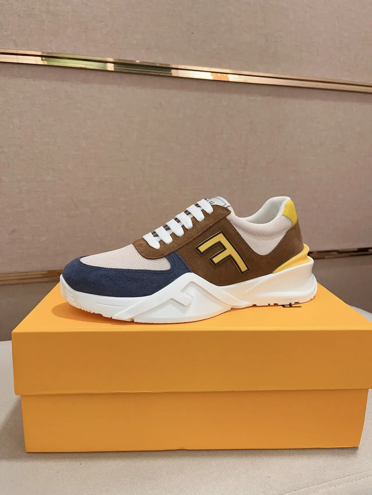Fendi Brown Navy Chunky Platform Sole Multi-Panel Suede-Mesh Construction Lifestyle Sneakers 4