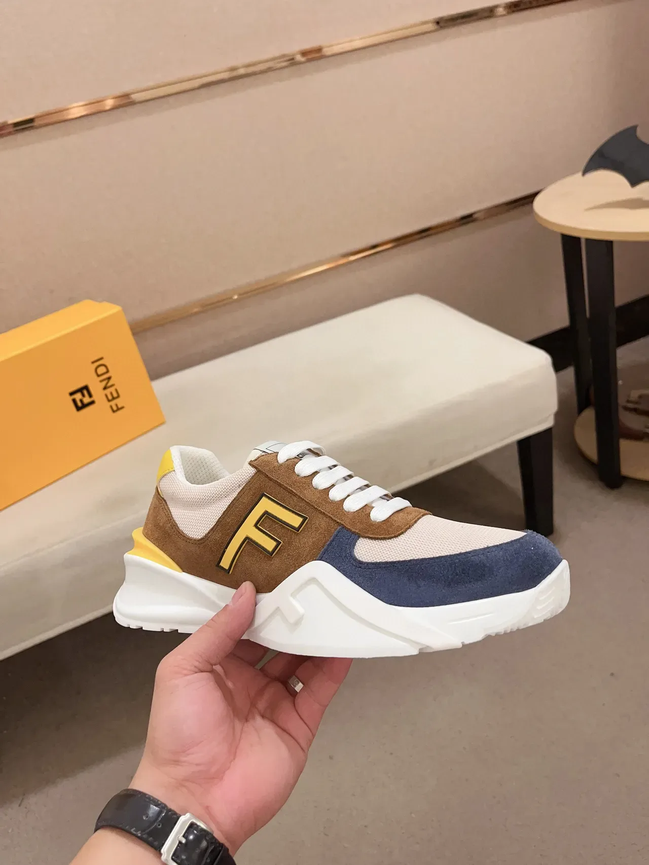 Fendi Brown Navy Chunky Platform Sole Multi-Panel Suede-Mesh Construction Lifestyle Sneakers 7
