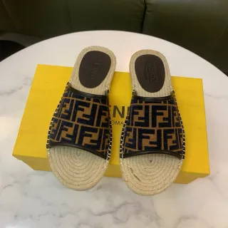 Fendi FF Espadrille Slides Navy Beige Monogram Jacquard Strap Jute-Wrapped Sole Slippers
